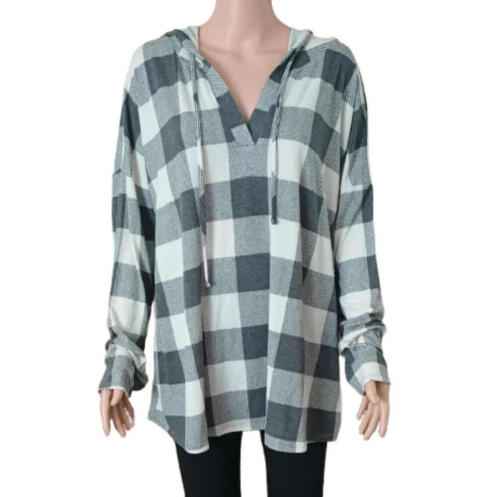 Lightweight Plaid Drawstring Hoodie XL Women's Gray White Long Sleeve